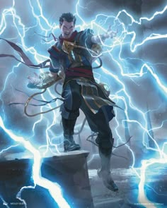 a man standing on top of a pedestal surrounded by lightning