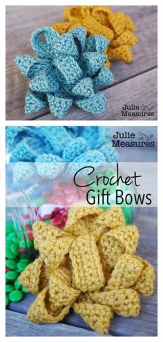 crochet gift bows are shown in three different colors