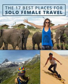 the 7 best places for solo female travel in africa, asia, and australia with pictures of elephants