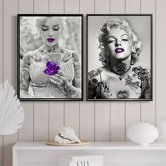 two black and white pictures of marilyn monroe with purple lipstick on their lips, one is holding a rose