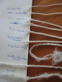 three pieces of white yarn sitting next to each other on top of a wooden table