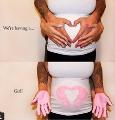 a pregnant woman wearing pink gloves and holding her belly in the shape of a heart