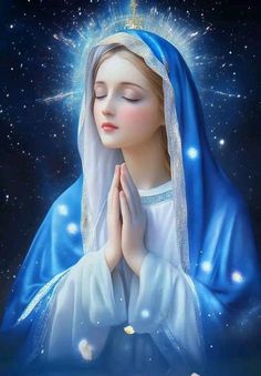 the virgin mary with her eyes closed and hands folded in prayer, surrounded by stars