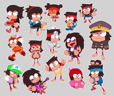 cartoon characters with different facial expressions and haircuts, all in various poses on a gray background