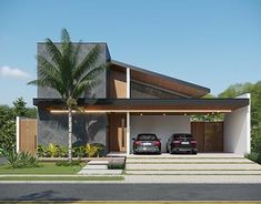 two cars are parked in front of a modern style house with palm trees and landscaping