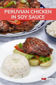 an image of peruvian chicken in soy sauce on a plate with rice and green beans