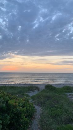 a bench sitting on the side of a beach next to the ocean at sunset or dawn