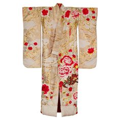 A vintage Japanese Showa era handcrafted silk brocade woman's wedding kimono circa 1940 with intricate hand-embroidered details depicting large flowers and a cart. Steeped in cultural opulence, this vintage Japanese Showa era woman's wedding kimono (circa 1940) is an epitome of classical elegance. handcrafted from resplendent silk brocade, this heavy-weight kimono captivates the senses with its elaborate hand-embroidered details. A symphony of rich gold, silver, and red threads weave through the Embroidery Kimono, Japanese Wedding, Showa Era, Kimono Vintage, Wedding Kimono, Red Embroidery, Japanese Textiles, Silk Brocade, Embroidered Details