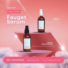 two bottles of facial care on top of a pink and white background with the words fauget serum