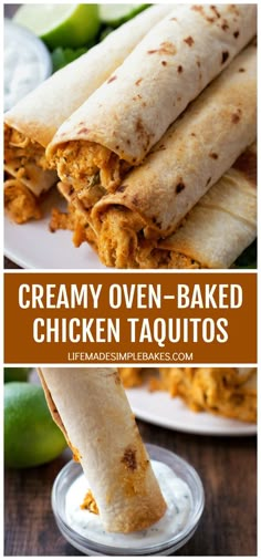 creamy oven - baked chicken taquitos on a white plate