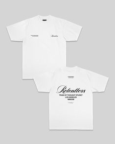 Relentless White Tee - trainofthoughtcollective Shirt Label Design, White T Shirt Design, Clothing Brand Business, Neck Label, Logo Tshirt, T Shirt Branding, Minimal T Shirt Design, Streetwear Tshirt Design Ideas, Graphic T Shirt