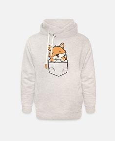 a white hoodie with an image of a fox in the pocket