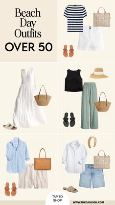 Beach Day Outfits for Women Over 50 Pearshaped Fashion Plus Size, Summer Wardrobe Over 50, Beach Mom Outfit, Beach Looks For Women Vacations, Beach Outfit Ideas Women, Day At The Beach Outfit, Beach Travel Outfit, Classic Summer Capsule Wardrobe, Beach Outfits Women