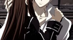 an anime character with long brown hair standing in front of a building