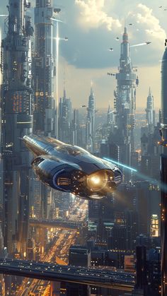 a sci - fi cityscape with an airplane flying over it