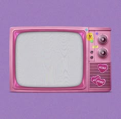 an old pink tv with hearts on the front and sides, set against a purple background