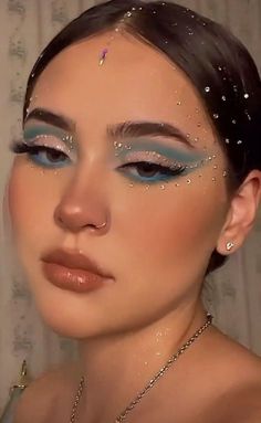 Blue Makeup Looks Brown Eyes, Rhinestone Makeup, Rave Makeup, Halloween Makeup Inspiration, Ethereal Makeup, Unique Makeup, Dope Makeup, Fancy Makeup