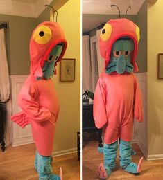 two pictures of a person in a pink bird costume