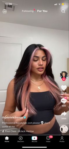 Front Hair Color Streaks For Black Hair, Black With Pink Tips Hair, Black Hair With Pink Halo, Face Framing Hair Dye, Pink Underdye Hair Black, Front Piece Dyed Hair, Brown Hair With Colour Underneath, Black With Pink Money Piece, Halo Pink Hair