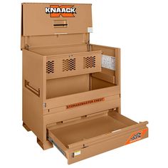 a cardboard box that is open to show the contents inside and outside, with an additional drawer underneath it