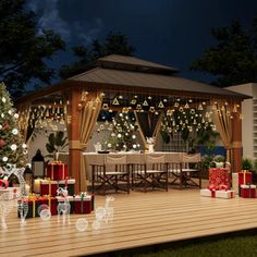 a gazebo decorated with christmas presents and lights