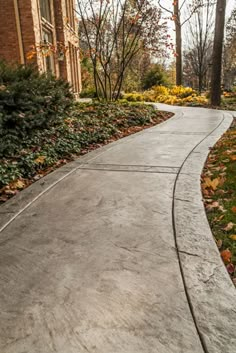 a concrete path in front of a brick building surrounded by trees and bushes with leaves on the ground