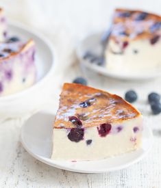 a piece of cheesecake on a plate with blueberries