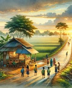 an oil painting of people walking down the road in front of a small hut on stilts