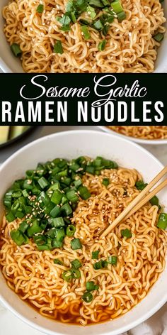 two bowls filled with ramen noodles and topped with green onions, scallions and sesame seeds