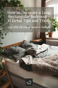 a bed with pillows and blankets on it in front of a window that reads, how to decorate a long rectangular bedroom - 15 great tips and tricks get 25 % off online interior design