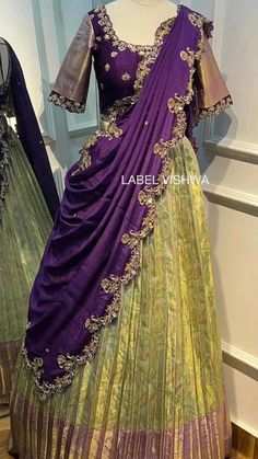 Silk Lehenga Dupatta Draping Style, Half Saree Dupatta Draping Style, Puberty Function Dress, Silk Dupatta Draping Styles, Pattu Lehenga Half Saree Indian Dresses, Lehanga Draping Style, Half Saree Lehenga Wedding, Trendy Half Saree Designs, Pattu Half Saree Indian Dresses