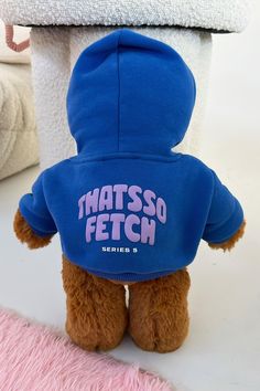 a teddy bear wearing a blue hoodie with that's so fetch on it