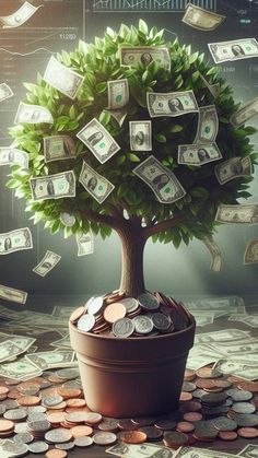 a potted plant with money growing out of it on top of a pile of coins