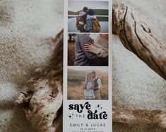 save the date photo bookmarks on a bed with driftwood in the background