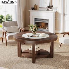 a living room filled with furniture and a fire place in the middle of the room