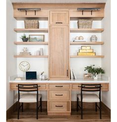 a desk with two chairs and some shelves