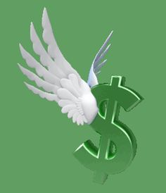 a green dollar sign with white wings and a flying bird on it's back