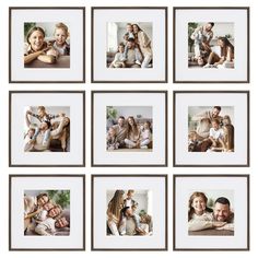 a group of family photos hanging on a wall with multiple frames around them, all holding their children