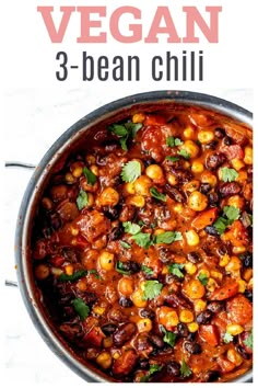 healthy 3 - bean chili recipe in a pot with text overlay