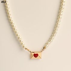 Love Letter Necklace LIN32 - mkkawaiishop Envelope Necklace, Kawaii Store, Design Light, Jewelry Model, Vintage Heart, Love Letter, Letter Necklace, Pearl Chain, Chain Choker