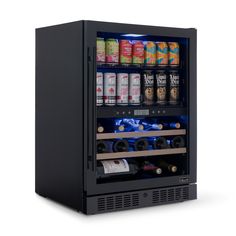 a black beverage cooler filled with lots of drinks