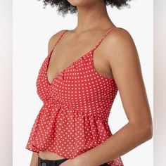 Manufacturer: Bcbgmaxazria Suggested Price: $138.00 Condition: New With Tags Style Type: Tank, Cami Collection: Bcbgmaxazria Sleeve Length: Adjustable Straps Closure: Material: 100% Polyester Fabric Type: Polyester Specialty: Polka Dot Red And White Flirty Sleeveless Camisole, Chic Red Tank Top With Built-in Bra, Flirty Sleeveless Camisole For The Beach, Flirty Red Tank Top For Spring, Flirty Ruffled Sleeveless Camisole, Flirty Sleeveless Tops For Day Out, Red Camisole With Built-in Bra, Red Sleeveless Camisole With Built-in Bra, Cute Red Summer Tank Top