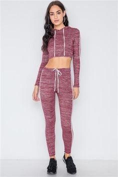 LEGGING LOVE | ATHLEISURE SET Comes with crop top and leggings Made In the USA White stripe detail down arms and legs Hooded crop top High waisted leggings Faux drawstring on leggings Long sleeves Super soft and stretchy 95% Polyester, 5% Spandex Fits true to size, lots of stretch Available in marled black & marled red Similar style available in solid black and solid red colors Denim Skirt Fashion, Hooded Crop Top, Crop Top And Leggings, Plus Size Romper, Fall Winter Dresses, Solid Red, Fall Skirts, Trendy Clothes For Women, Yoga Life