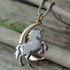 This is a beautiful detailed mixed metal unicorn bronze moon pendant made from recycled sterling silver♻️that measures 30mm in length including the bail and 18mm wide. It comes on a 1mm rounded box chain in your choice of 16", 18", 20" or 24" long. Croc Decorations, Unicorn Jewelry, Unicorn Pendant, Unicorn Necklace, Round Box, Resin Pendant, Moon Pendant, Jewelry Inspo, Recycled Sterling Silver