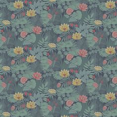 an image of a wallpaper with flowers and leaves on the background in shades of green, pink, yellow and red