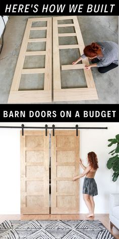 two pictures showing how to build a barn door on a budget with instructions for the doors