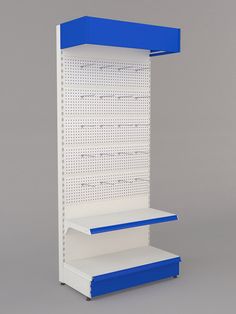 a white and blue shelf with two shelves on each side, one is open to show items