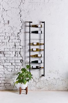 a white brick wall with a black metal wine rack and a potted plant next to it