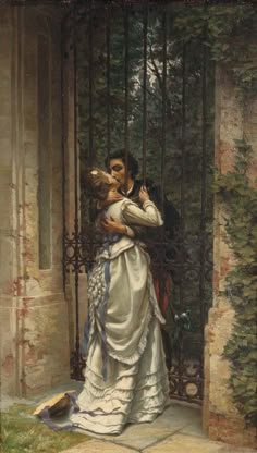 a painting of a man and woman kissing in front of a gate