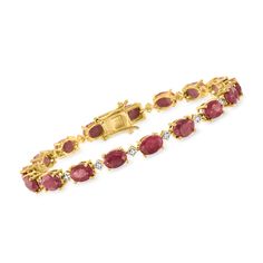 Ross-Simons - 20.00ct t. w. Ruby Bracelet, .17ct t. w. Diamonds Over Sterling. 8". Fiery and fabulous, this 20.00 ct. t. w. oval ruby bracelet wraps the wrist in a sweet, cinnamon-red hue with icy .17 ct. t. w. diamond rounds sparkling in between. Set in polished 18kt yellow gold over sterling silver. Double-latch safety. Box clasp, diamond and ruby bracelet. Ruby birthstones are the perfect gift for July birthdays. Safety Box, Ruby Birthstone, Ruby Bracelet, Yellow Gold Jewelry, Natural Gold, Box Clasp, Cz Stud Earrings, Ruby Jewelry, Tennis Necklace